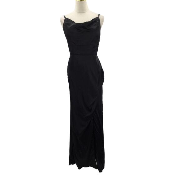 FORMAL 8 M black satin cowl neck ruched lace up party prom maxi dress NEW B112 - Picture 1 of 9